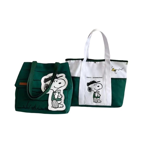Starbucks x Peanuts Snoopy Green White Canvas Totes, Dog House & Comic Styles - Picture 1 of 11